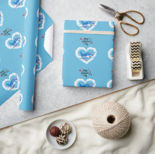 Cute Blue Airplane & Clouds, Kids Valentine's Day Wrapping Paper