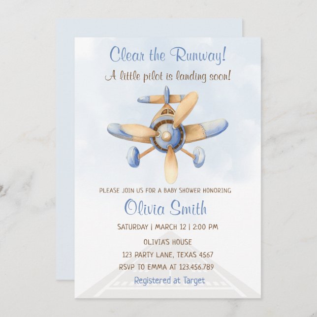 Cute Blue Airplane Runway Pilot Baby Shower Invitation (Front/Back)
