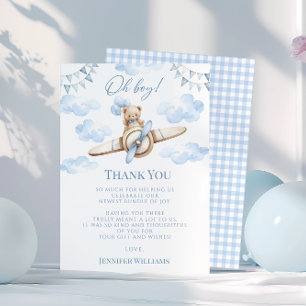 Cute Blue Airplane & Teddy Bear Baby Boy Shower Thank You Card