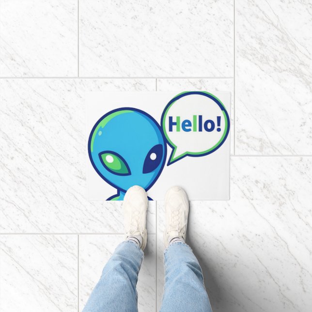 Cute Blue Alien Saying Hello Doormat (Indoor)