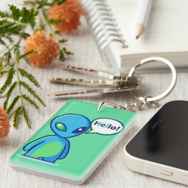 Cute Blue Alien Saying Hello Keychain (Front Right)