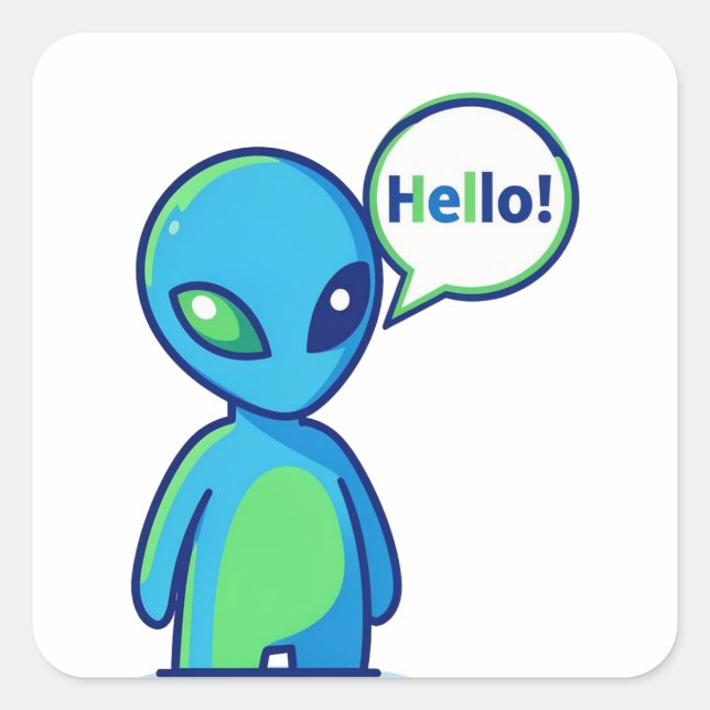 Cute Blue Alien Saying Hello Square Sticker (Front)