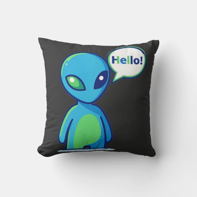 Cute Blue Alien Saying Hello Throw Pillow (Front)