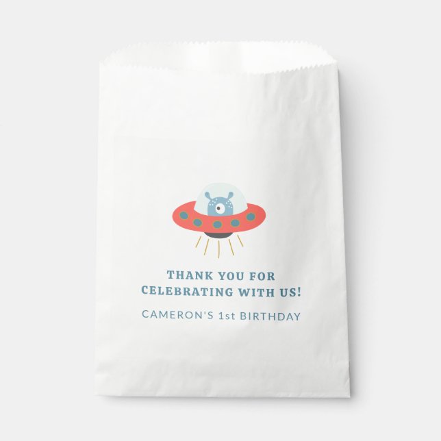 Cute Blue Alien Spaceship 1st Birthday Custom Favour Bag (Front)
