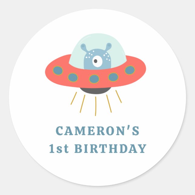 Cute Blue Alien Spaceship 1st Birthday Party  Classic Round Sticker (Front)