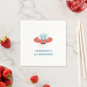 Cute Blue Alien Spaceship 1st Birthday Party Napkin