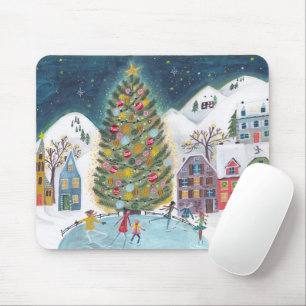 Cute blue Alpine ski lodge skating Christmas Mouse Pad