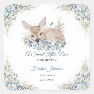 Cute Blue and Beige Floral Deer Baby Shower Square Sticker
