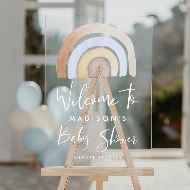 Cute Blue and Brown Rainbow Baby Shower Welcome Acrylic Sign (Creator Uploaded)