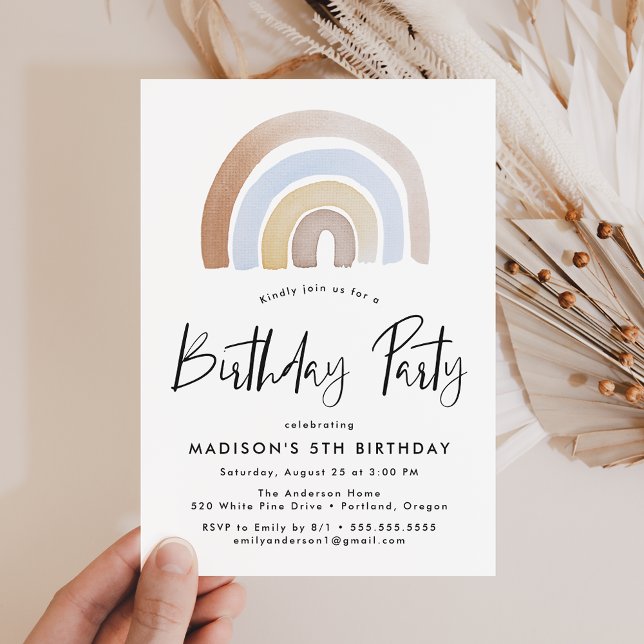 Cute Blue and Brown Rainbow Birthday Party Invitation (Creator Uploaded)