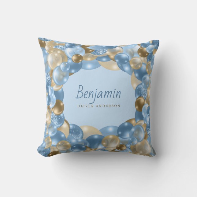 Cute Blue and Gold Balloon Border Baby Boys Throw Pillow (Front)