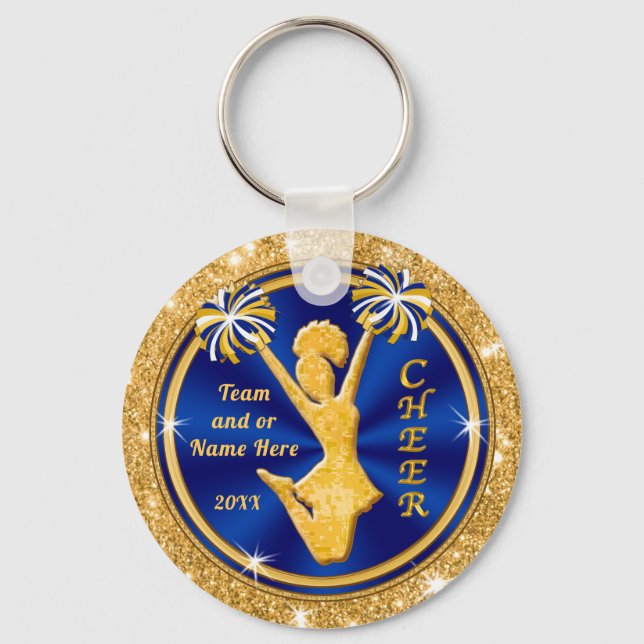 Cute Blue and Gold Cheer Team Gifts, PERSONALIZED Keychain (Front)