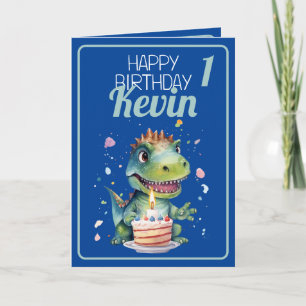Cute Blue and Green Dinosaur Boy 1st Birthday Card