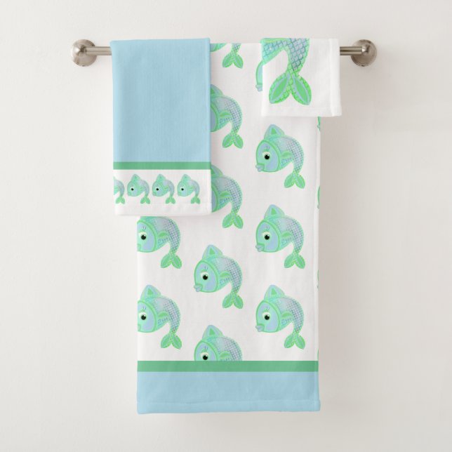 Cute Blue and Green Fish Bath Towel Set (Insitu)