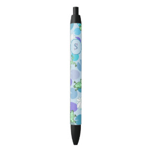 Cute Blue and Green Frogs Custom Monogram Initial Black Ink Pen
