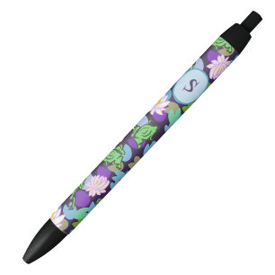 Cute Blue and Green Frogs Custom Monogram Initial Black Ink Pen
