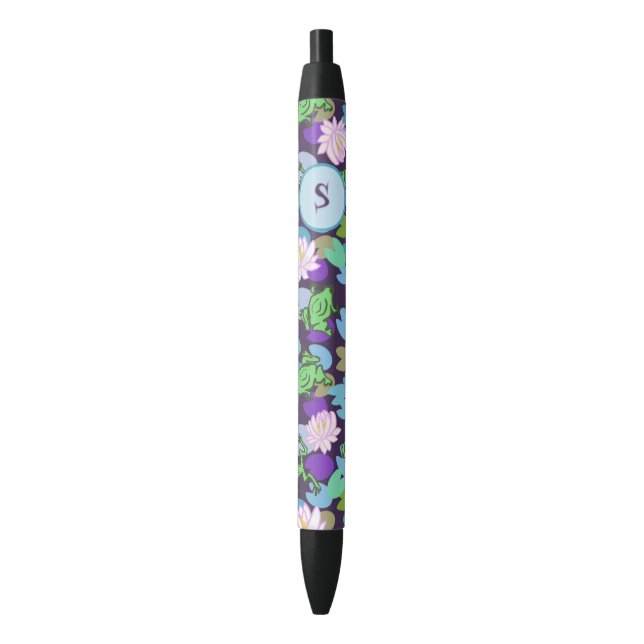 Cute Blue and Green Frogs Custom Monogram Initial Black Ink Pen (Front Vertical)