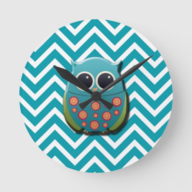 Cute Blue and Green Owl on Blue and White Chevron Round Clock (Front)
