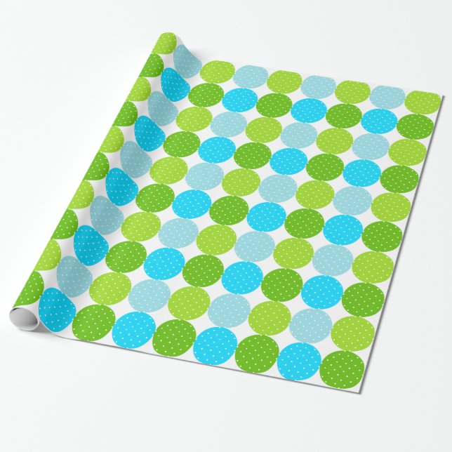 Cute Blue and Green Polka Dot Pattern Wrapping Paper (Unrolled)