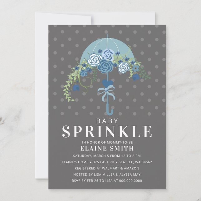 Cute Blue and Grey Floral Umbrella Baby Shower  Invitation (Front)