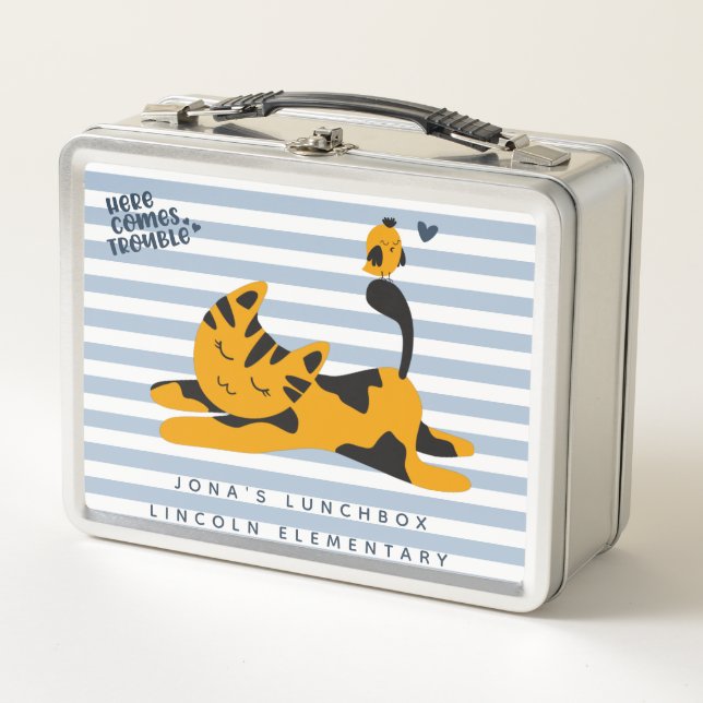 Cute Blue and Orange Cat - Kids'  Metal Lunch Box (Front)