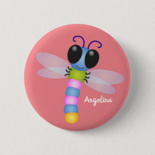 Cute blue and pink dragonfly cartoon illustration 2 inch round button