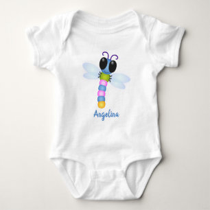 Cute blue and pink dragonfly cartoon illustration baby bodysuit