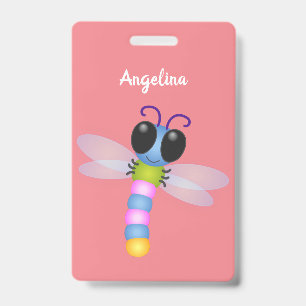 Cute blue and pink dragonfly cartoon illustration badge