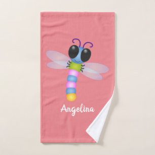 Cute blue and pink dragonfly cartoon illustration bath towel set