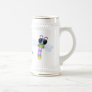 Cute blue and pink dragonfly cartoon illustration beer stein