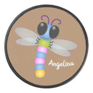 Cute blue and pink dragonfly cartoon illustration hockey puck