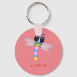 Cute blue and pink dragonfly cartoon illustration keychain