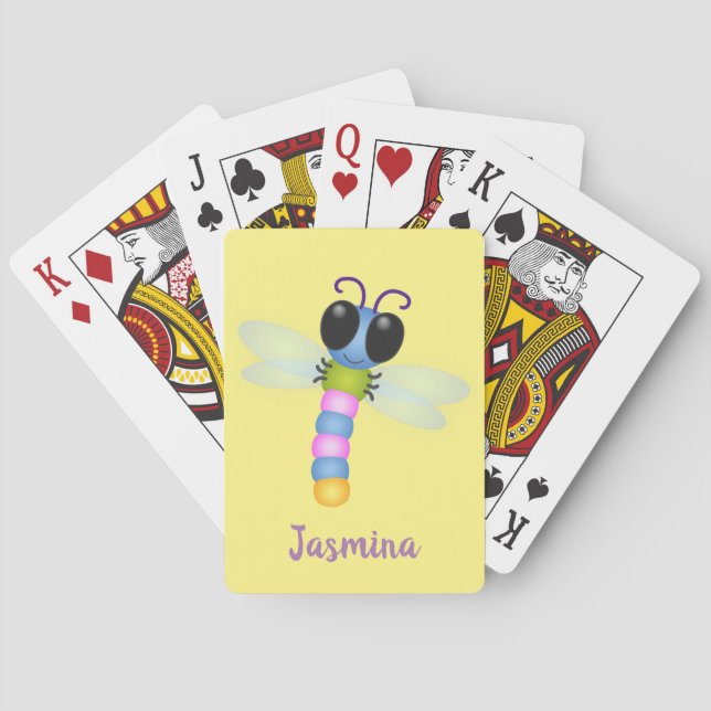 Cute blue and pink dragonfly cartoon illustration playing cards (Back)