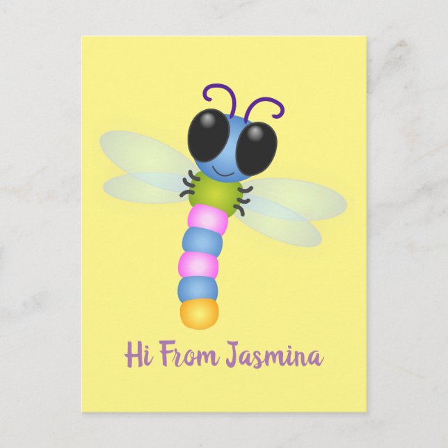 Cute blue and pink dragonfly cartoon illustration postcard (Front)
