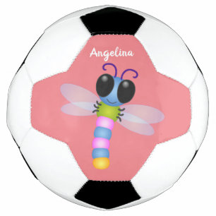 Cute blue and pink dragonfly cartoon illustration soccer ball