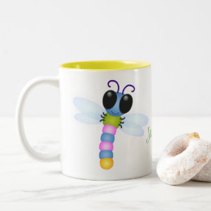 Cute blue and pink dragonfly cartoon illustration Two-Tone coffee mug