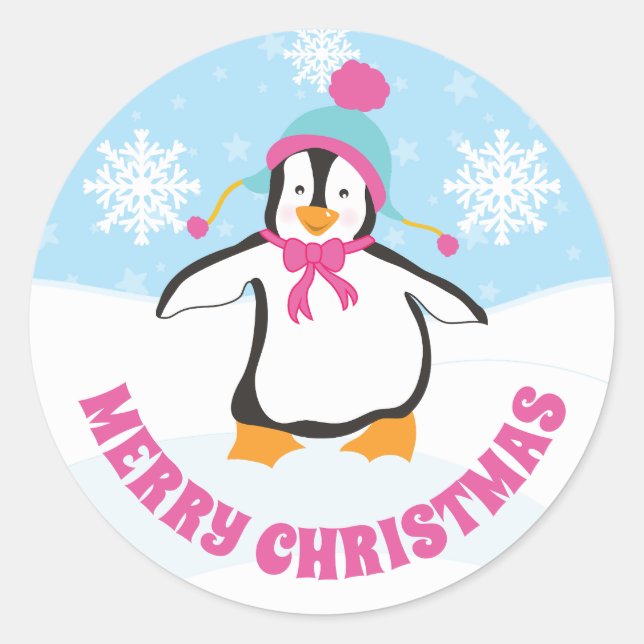 Cute Blue and Pink Hat Christmas Penguin Classic Round Sticker (Front)