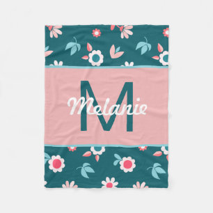 Cute Blue and Pink Personalised Floral Girl's Fleece Blanket