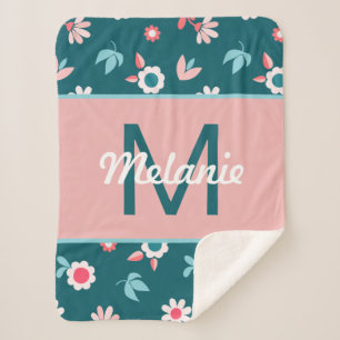 Cute Blue and Pink Personalised Floral Girl's Sherpa Blanket