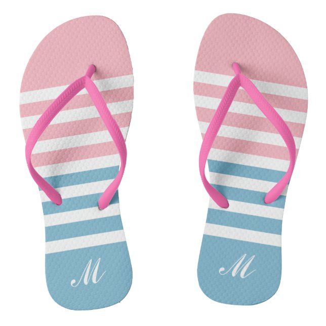 Cute Blue and Pink Stripes Pattern Flip Flops (Footbed)
