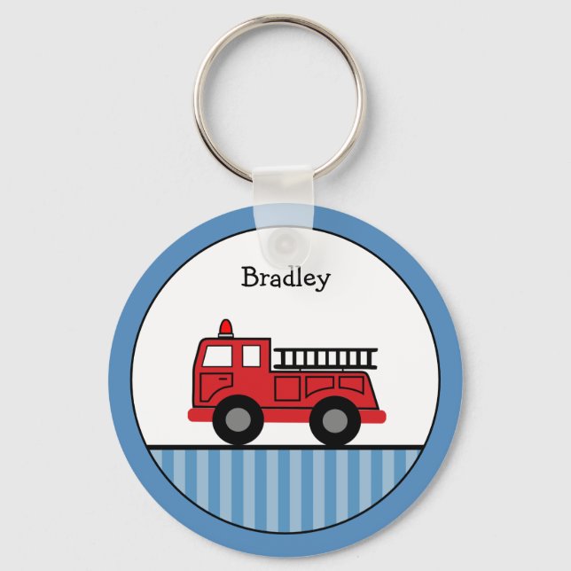 Cute Blue and Red Fire Truck Personalized Keychain (Front)