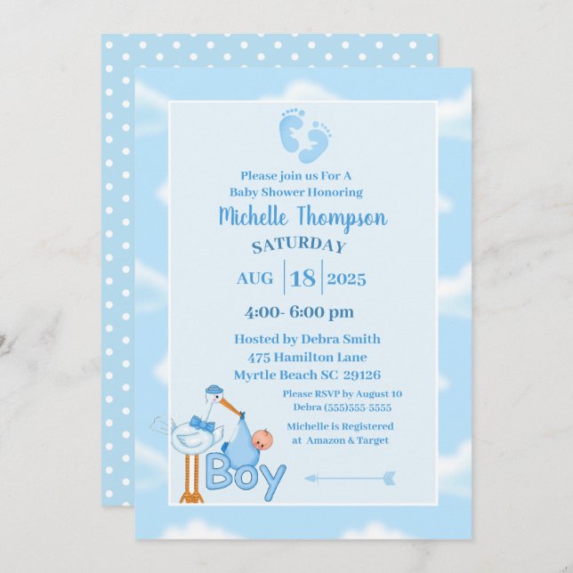 Cute Blue and White Baby Boy Stork Shower   Invitation (Front/Back)