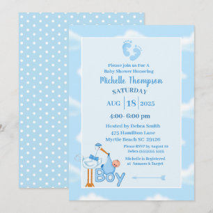 Cute Blue and White Baby Boy Stork Shower   Invitation