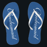 Cute blue and white bridesmaid wedding flip flops<br><div class="desc">Cute navy blue and white wedding flip flops for bridesmaids. Custom background and strap colour personalizable with name or monogram initials optional. Modern his and hers wedge sandals with stylish script calligraphy typography. Elegant party favour for nautical and beach themed wedding, marriage, bridal shower, engagement, anniversary, bbq, bachelorette, bachelor, girls...</div>