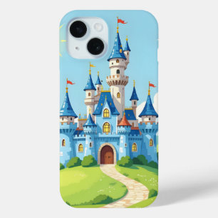 Cute blue and white castle iPhone 15 case