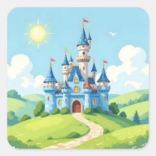 Cute blue and white castle square sticker