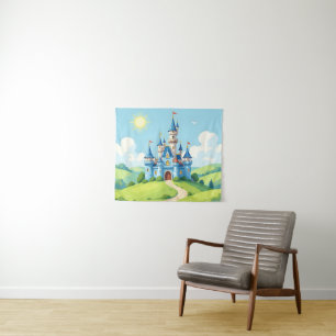 Cute blue and white castle tapestry