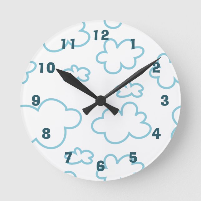 Cute Blue and White Clouds Nursery Round Clock (Front)