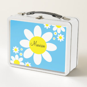 Cute Blue and White Daisies Floral Custom Name Metal Lunch Box