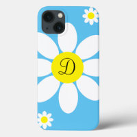 Cute Blue and White Daisies Floral Single Initial